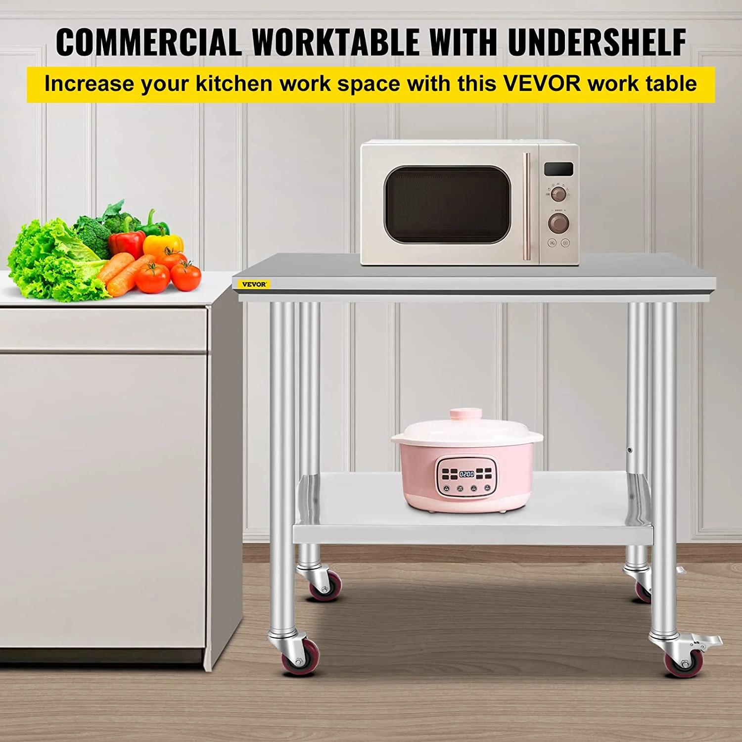 VEVOR Stainless Steel Work Table 36 x 24 inch with 4 Wheels Commercial Food Prep Worktable with Casters Heavy Duty Work Table for Commercial Kitchen Restaurant - Image 8