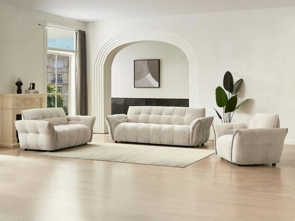 Sofá de 3 plazas 2 plazas y sillón de tela jaspeado beige Prietocasa