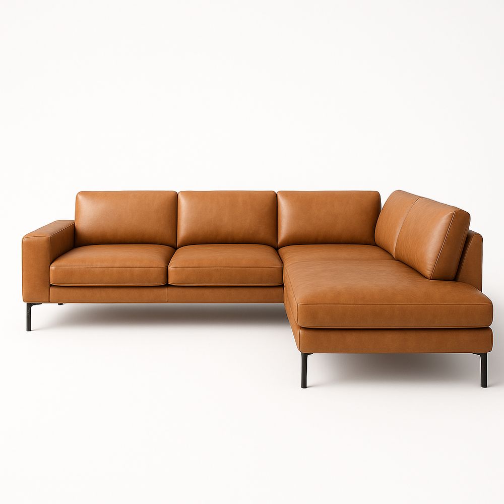 Sofá Esquinero Moderno de Cuero Color Caramelo, Diseño Minimalista, Estructura Resistente, Tamaño Grande, Ideal para Salones y Living