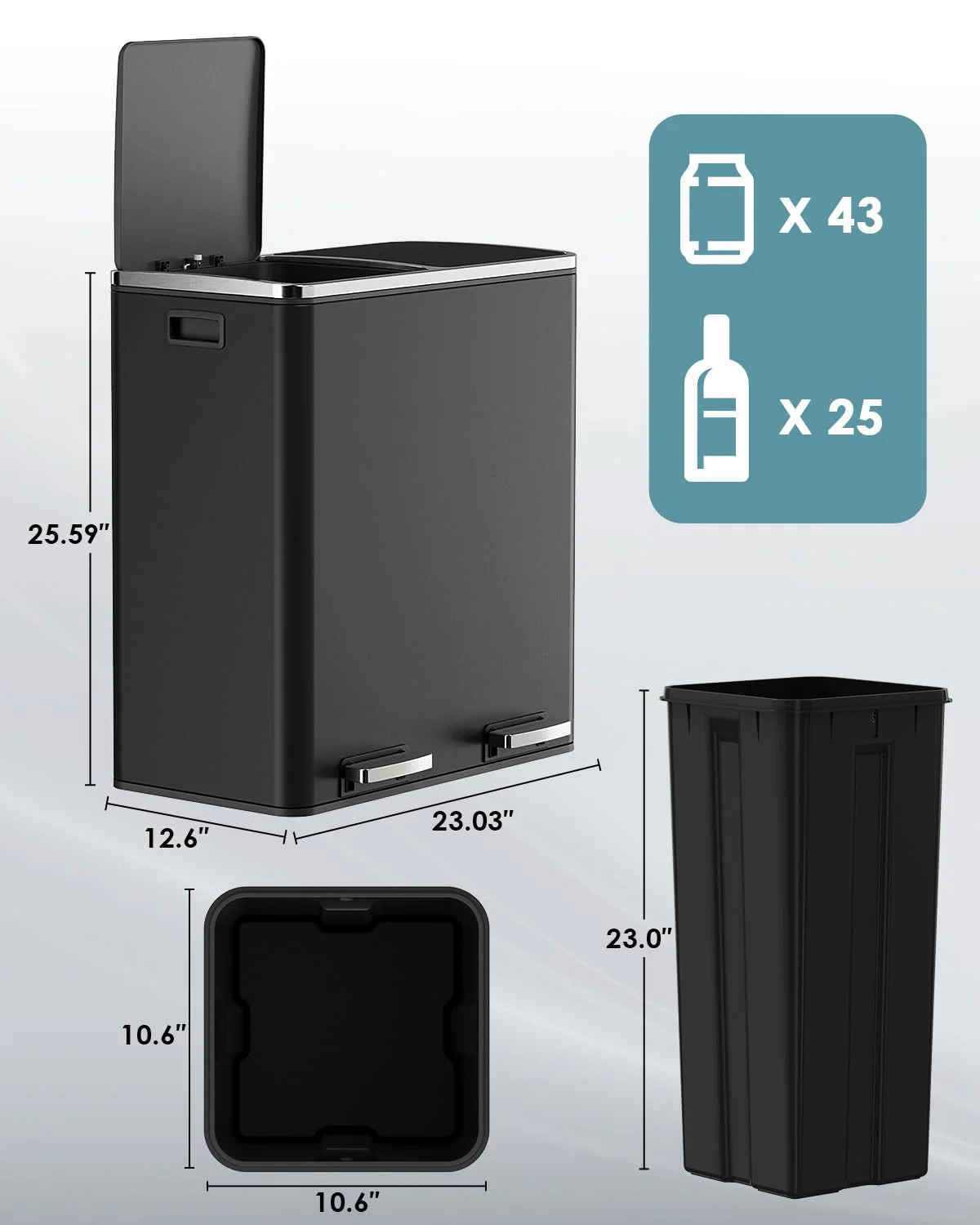LAZY BUDDY Dual Garbage Can, Stainless Steel 16 Gallon Step Kitchen Trash Can with Soft-Close Lid, Double Compartment Garbage Recycling Bin - Image 13