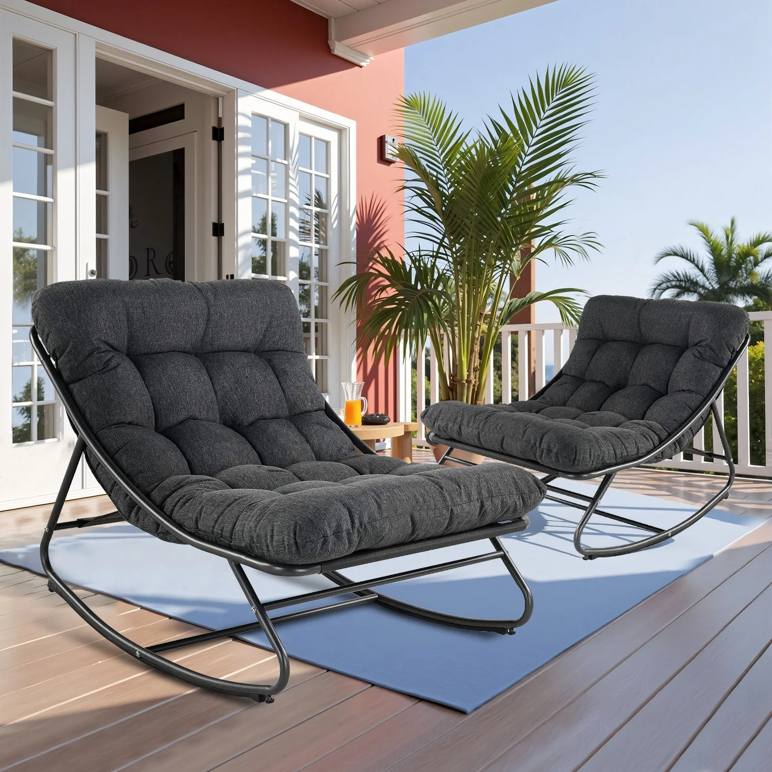 Outdoor Rocking Chair, Indoor Oversized Comfy Reading Chairs Set with Cushion, Patio Rocker Recliner Chair, Grey - Image 2