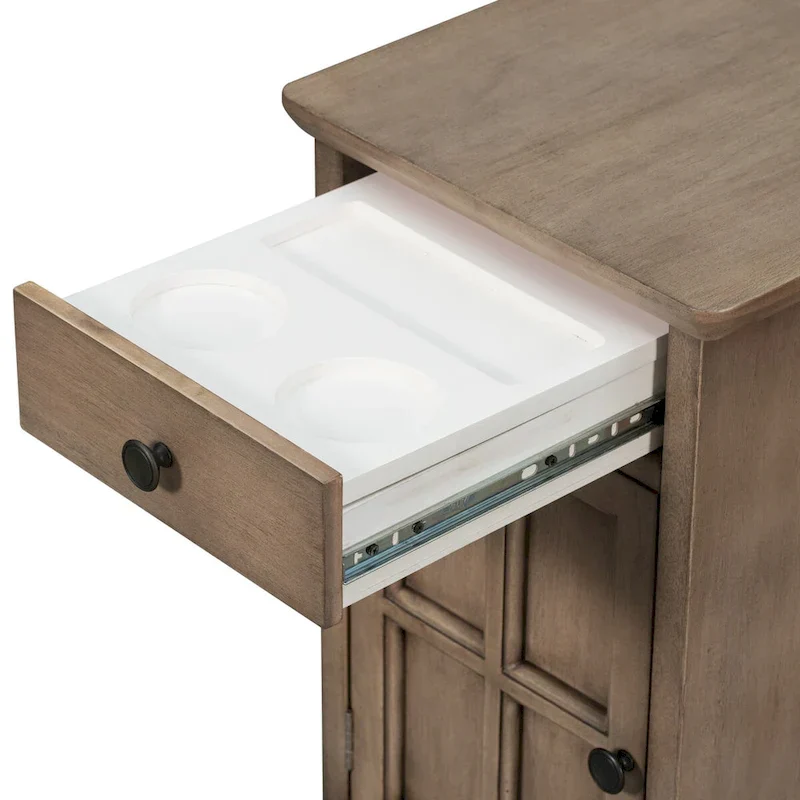 Retro-Inspired Living Room Side Table with USB Ports, Multifunctional Drawer, and Cup Holders