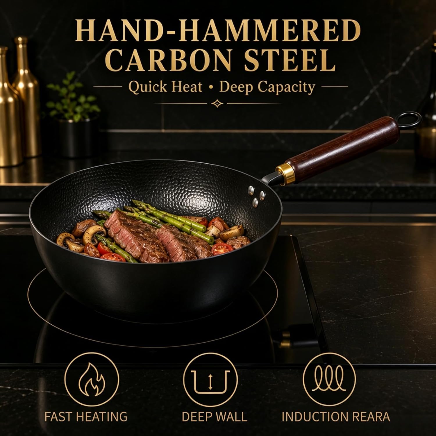 Calmabode Carbon Steel Wok with Lid, 10 Inch Hand Hammered Deep Flat Bottom Wok Pan, Pre-Seasoned Nitrided Stir Fry Pan, Detachable Handle, Oven Safe, All Stovetops, Induction Compatible