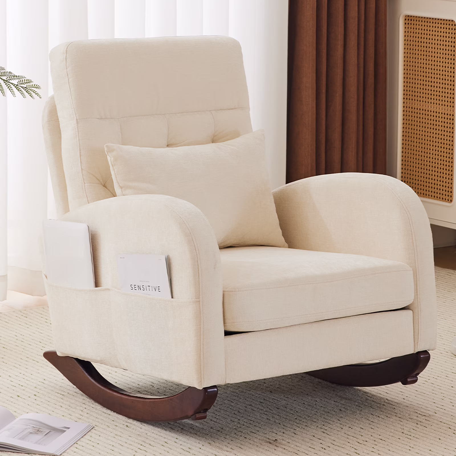 Ktaxon Rocking Accent Chair Glider Reading Chair Comfy Teddy Velvet Upholstered Single Sofa Rocker for Living Room, Nursery, Bedroom Beige - Image 5