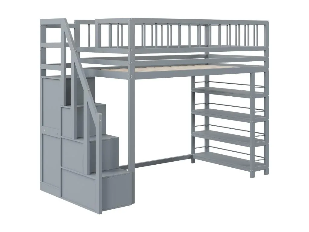 Cama alta 90 x 200 cm - estantes + armario + espacio de almacenamiento - madera maciza - gris bor3094923