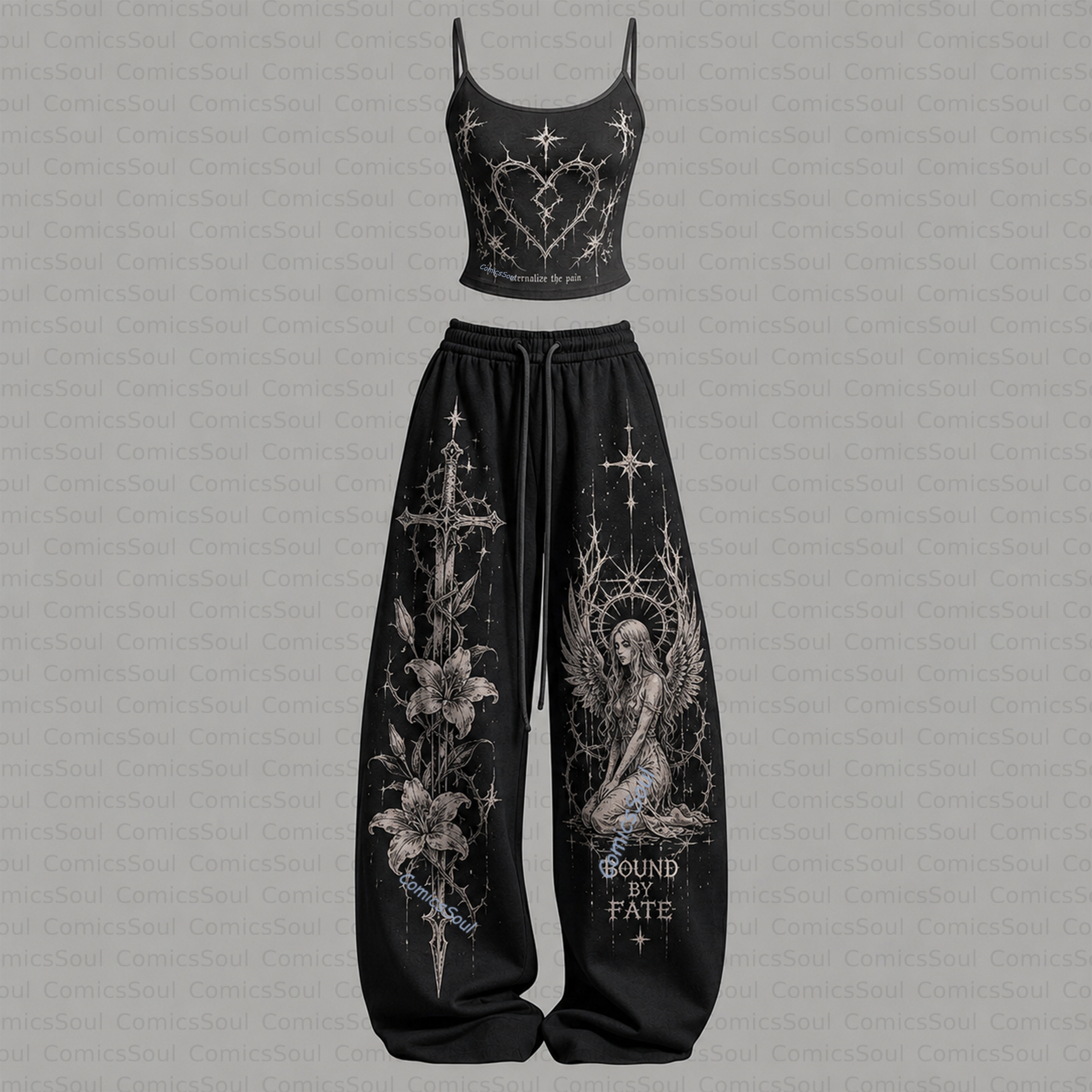 Gothic Heart Top & Elasticated Trousers Two-Piece Set