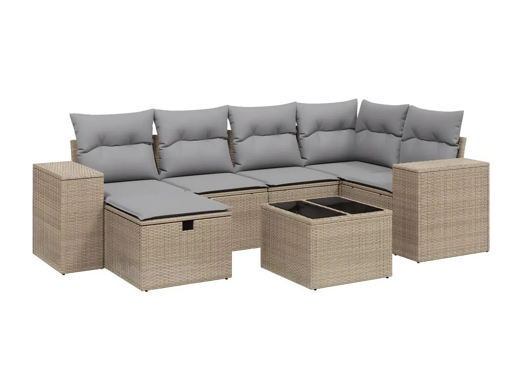 Juego de sofás jardín con cojines beige mezcla 7 pzas ratán PE