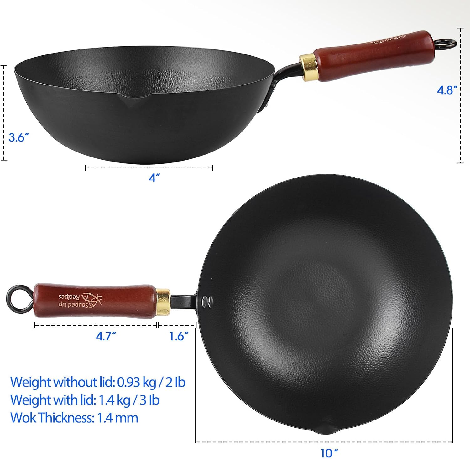 Souped Up Recipes 10 Inch Carbon Steel Wok For Electric, Induction and Gas Stoves (Lid and User Guide Video Included)