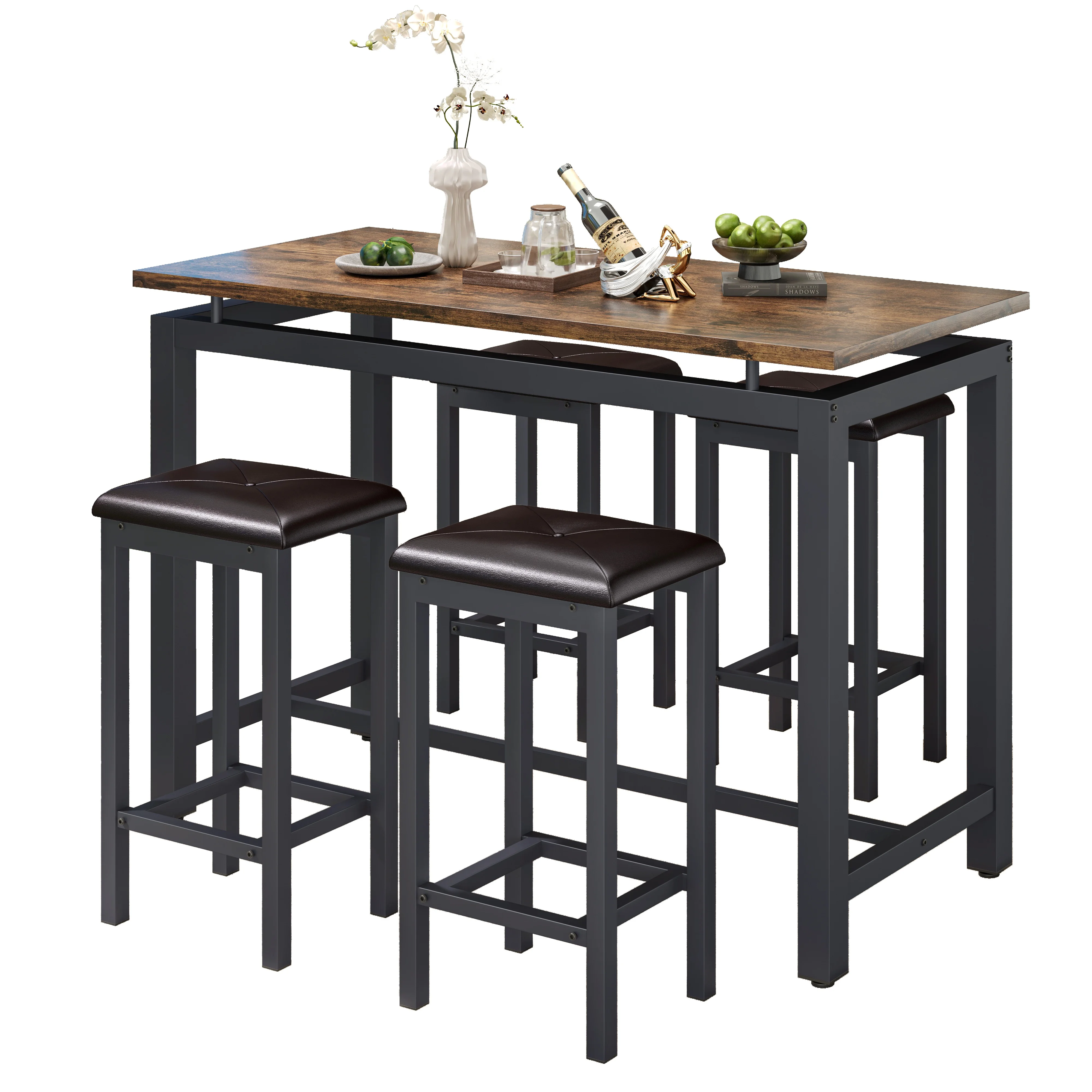 Counter Height Table Set of 5, Breakfast Bar Table and Stool Set, Minimalist Dining Table with Backless Stools, Wood Top Pub Table & Chair Set for Kitchen Apartment Bistro - Space Saving - Image 29