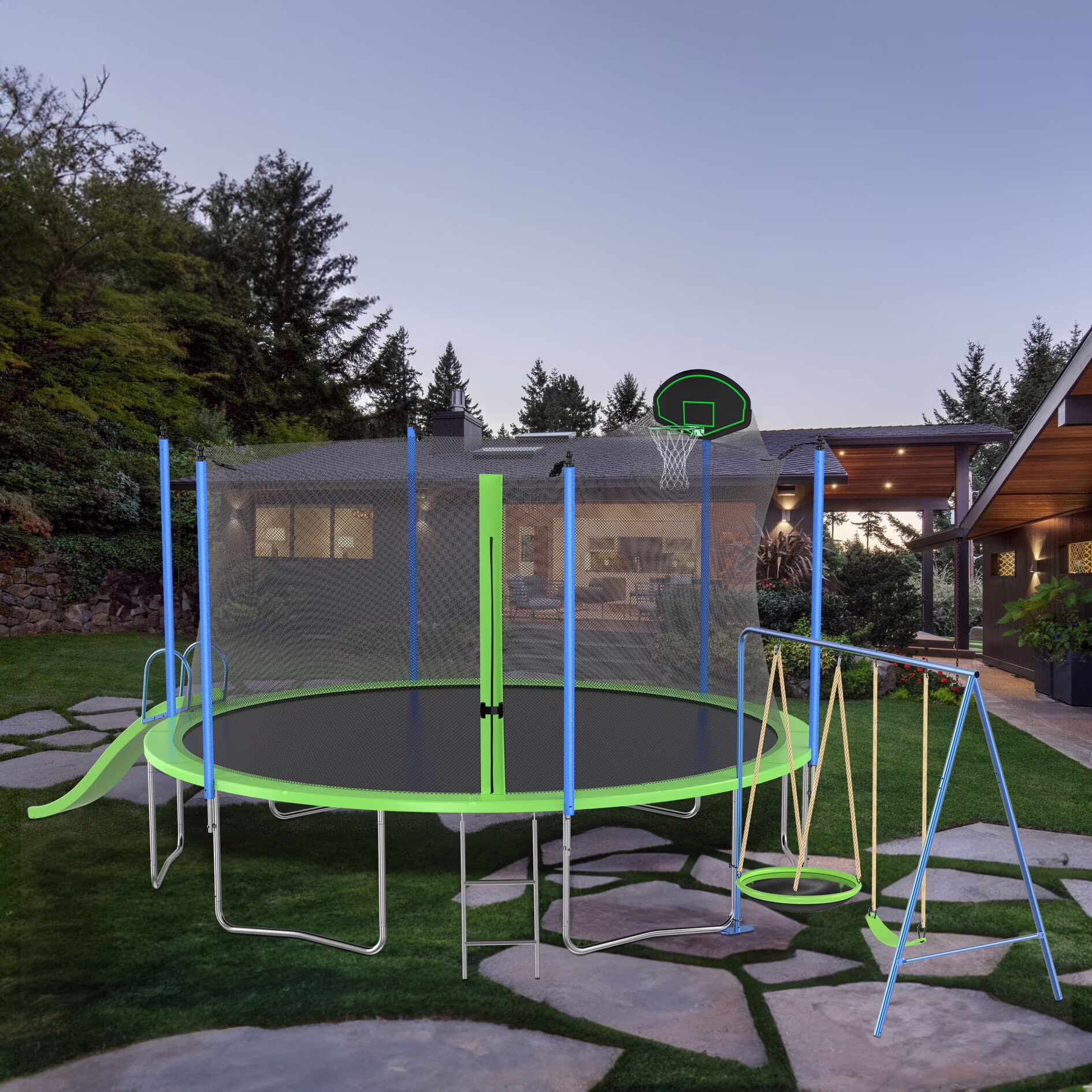 12FT Trampoline with Slide and Swings, Large Outdoor Backyard Trampoline with Basketball Hoop and Ladder for Kids and Adults - Image 3