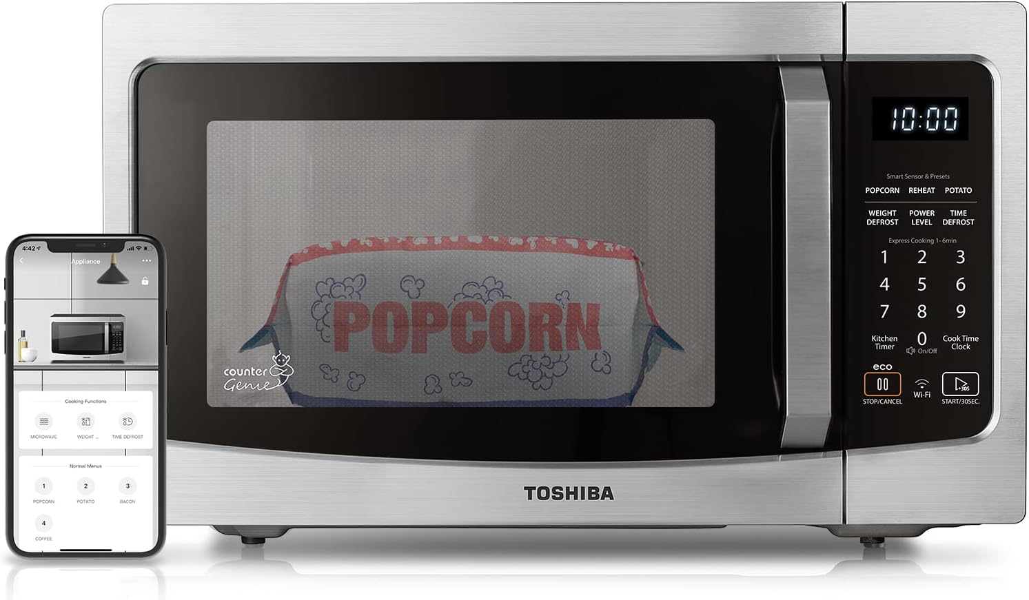 TOSHIBA 4-in-1 ML-EC42P(SS) Countertop Microwave Oven, Smart Sensor, Convection, Air Fryer Combo, Mute Function, Position Memory 13.6′′ Turntable, 1.5 Cu Ft, 1000W, Silver