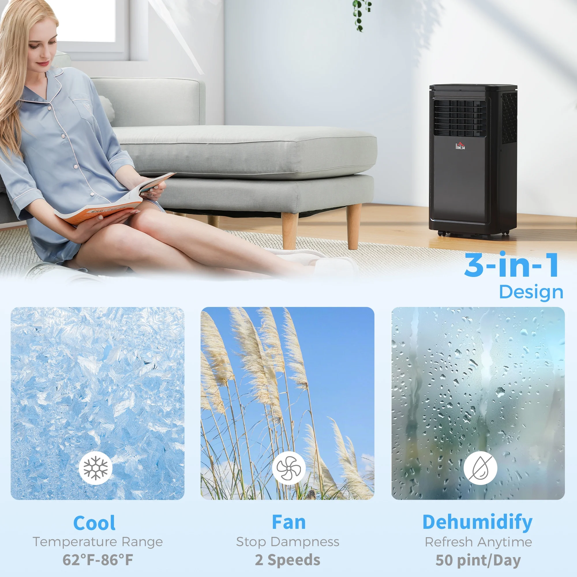 HOMCOM 8,000 BTU Portable Air Conditioner Fan with Remote for Rooms Up to 344 Sq. Ft., Evaporative Cooler, Home AC Unit with Dehumidifier, Black - Image 4