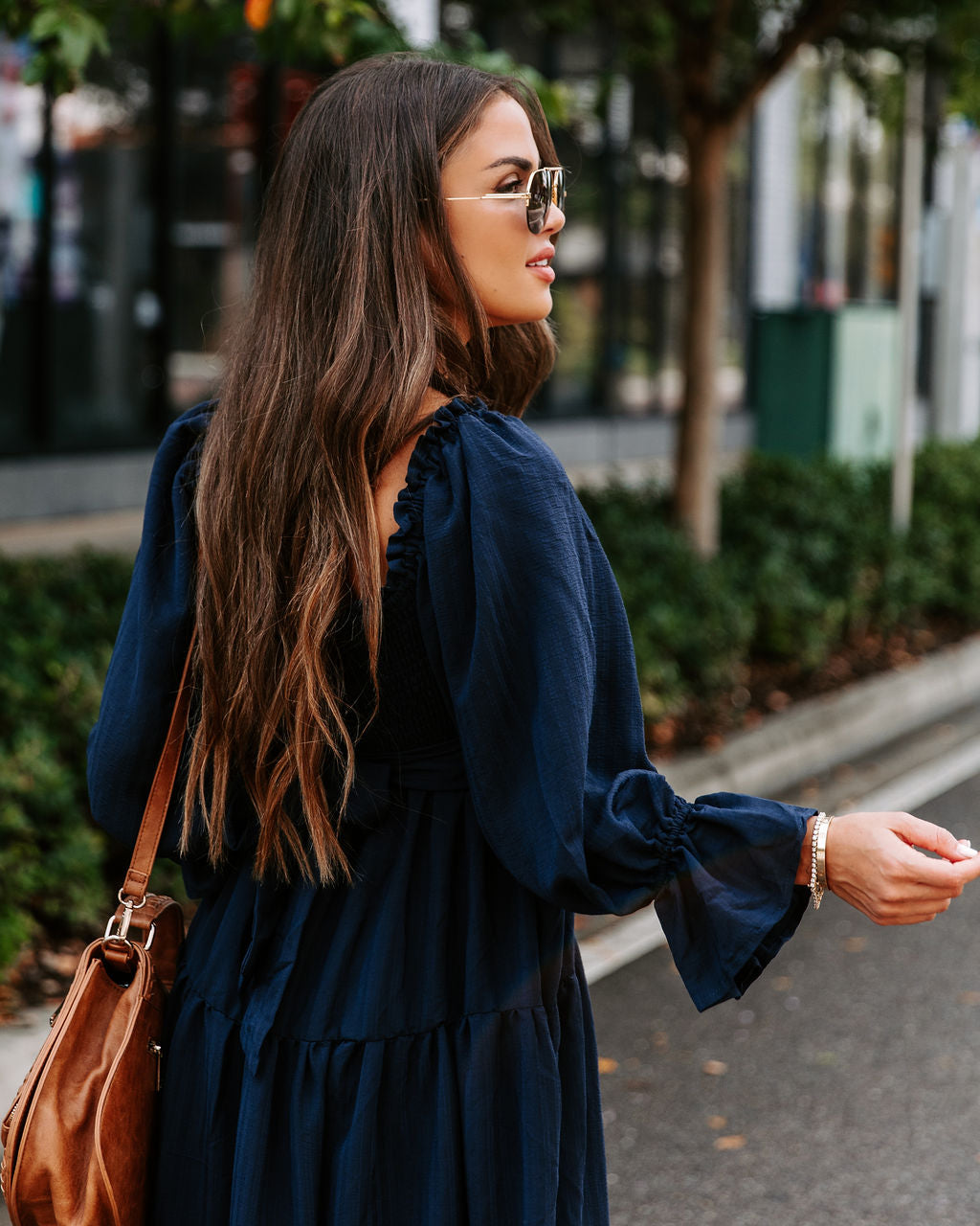 River Pocketed Puff Sleeve Midi Dress - Navy - Se7enfashion