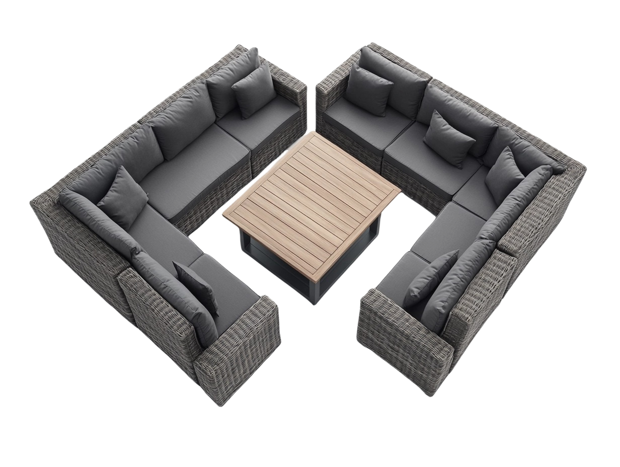 Sofá modular en forma de L con cojines grises y mesa de café de madera para exterior im9577673
