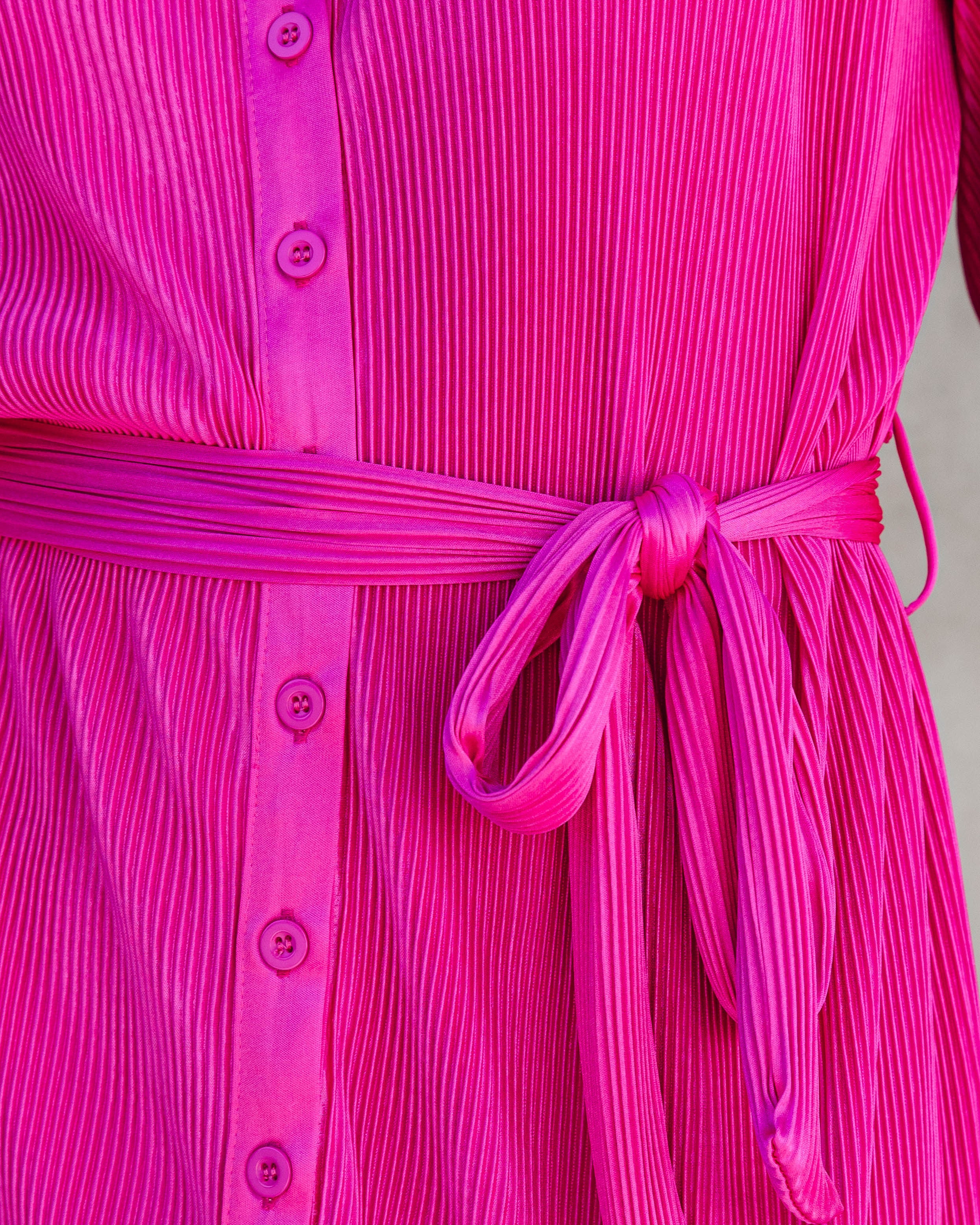 Stellar Vibes Plisse Button Down Shirt Dress - Magenta - Se7enfashion