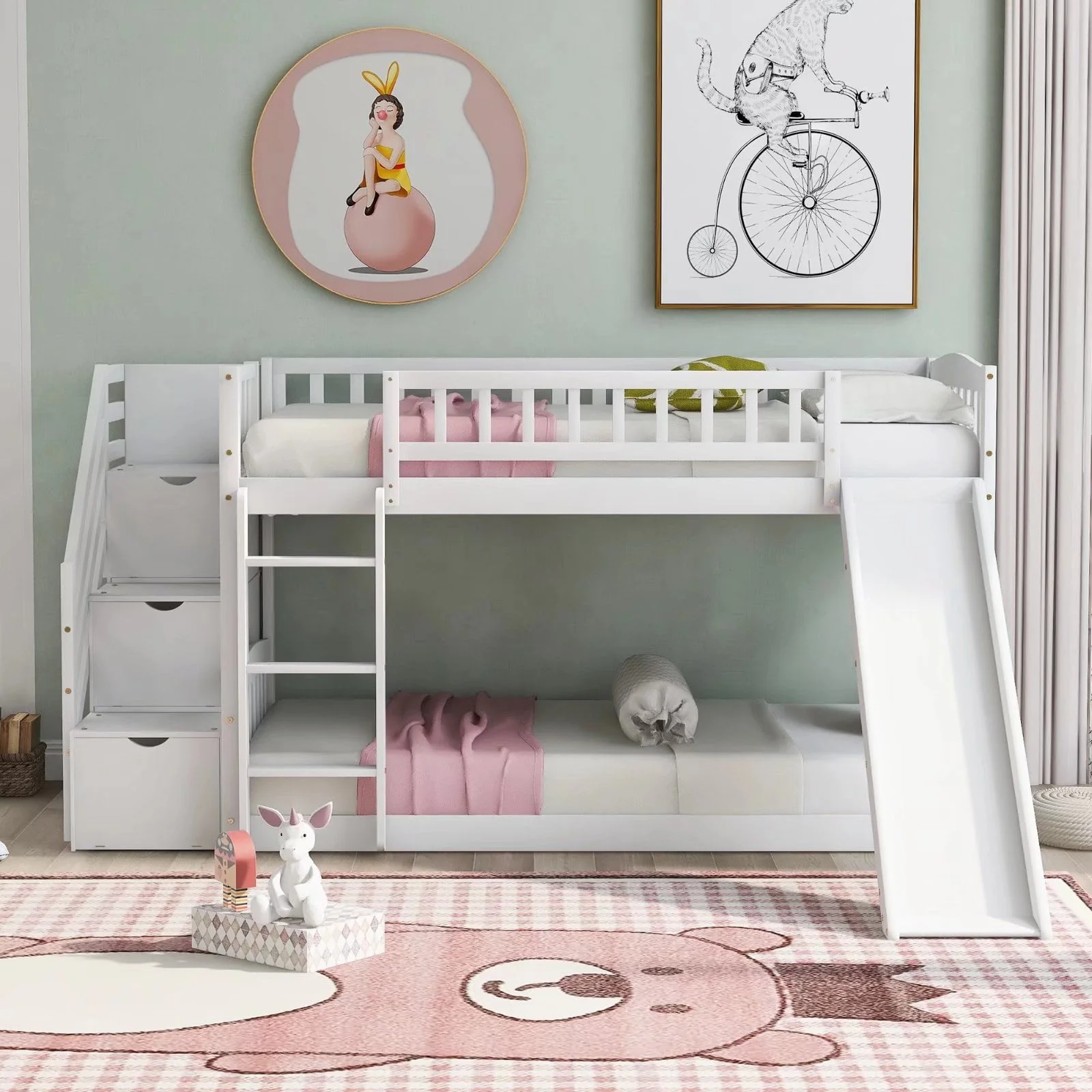 Stairway Bunk Beds Twin over Twin, Wooden Bunk Bed Frame with Kids Slide and Storage Staircase, 2-in-1 Storage Beds Frame with Ladder and Safety Guardrails for Boys Girls Bedroom, White - Image 2