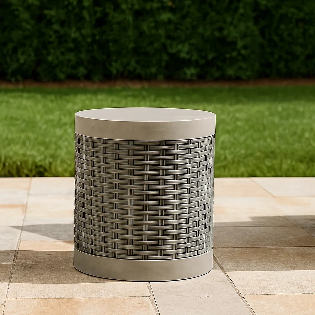 Mesa auxiliar de exterior,gris,hormigón y resina trenzada,jardín,diámetro 40 cm x altura 47 cm