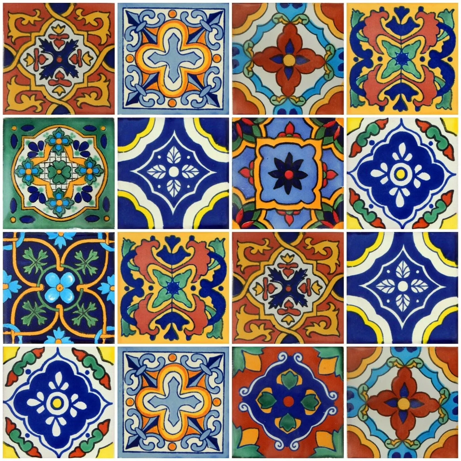 Mexican Talavera Ceramic Tiles 4x4 - 100 Pieces, 10 Designs
