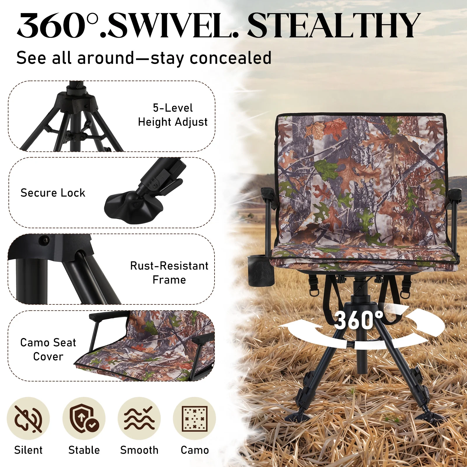 Danrelax 360- Silent Camo Hunting Blind Chair, Armrests, Side Pouch, Telescopic Legs - Image 4
