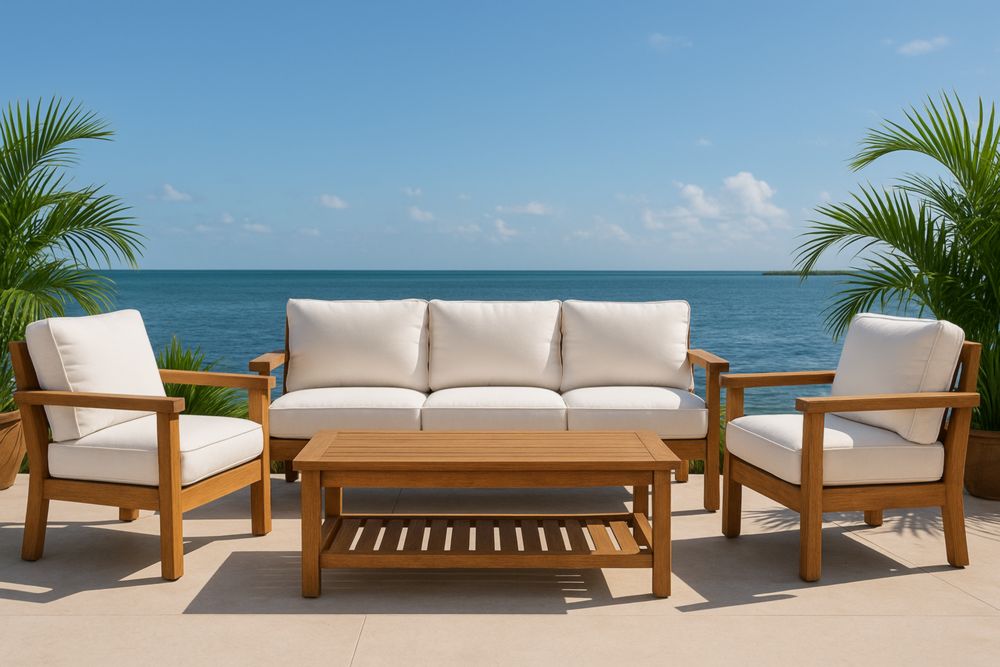 Conjunto de muebles de exterior de madera de teca cojines poliéster crema sofá dos sillones mesa