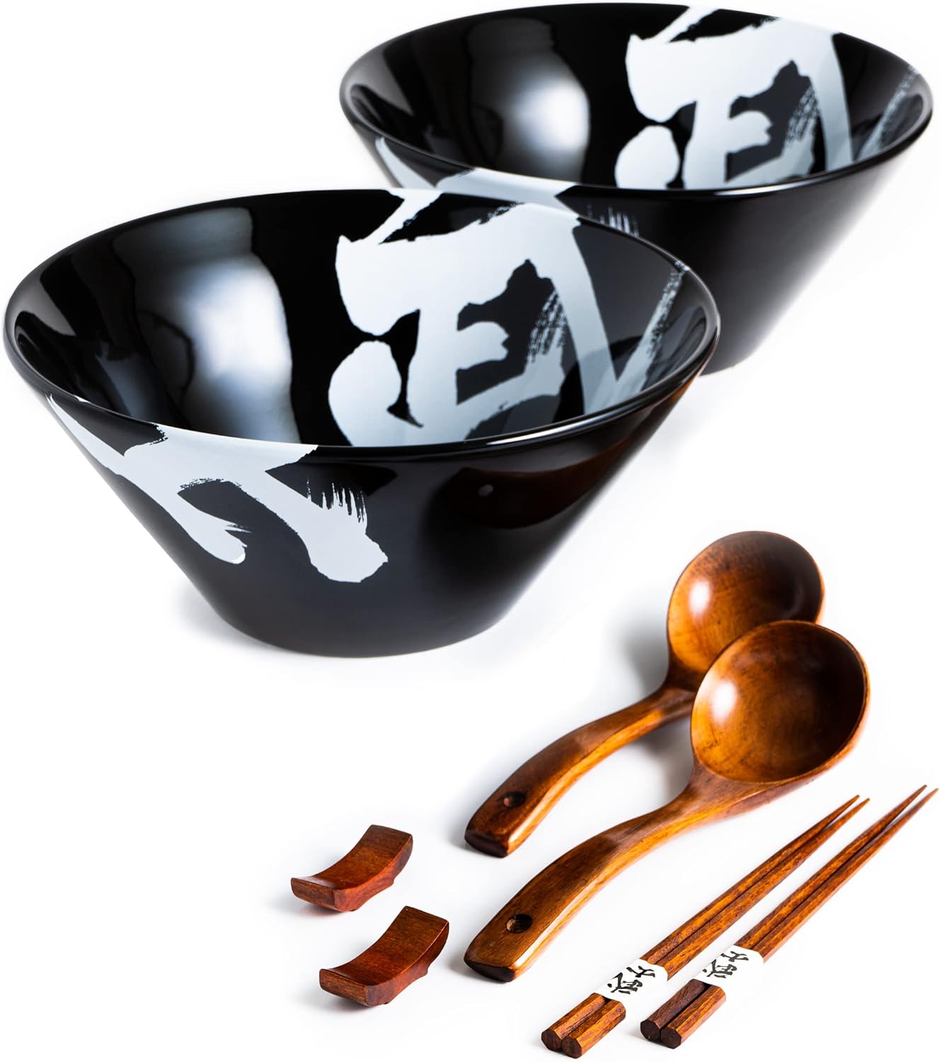BICETTO Japanese Ramen Bowl Set with Great Wave Design - 60oz Large Ceramic Bowls, Spoons, Chopsticks for Ramen, Pho, Salad, Poke - Premium Gift for Ramen Lovers - Microwave & Dishwasher Safe