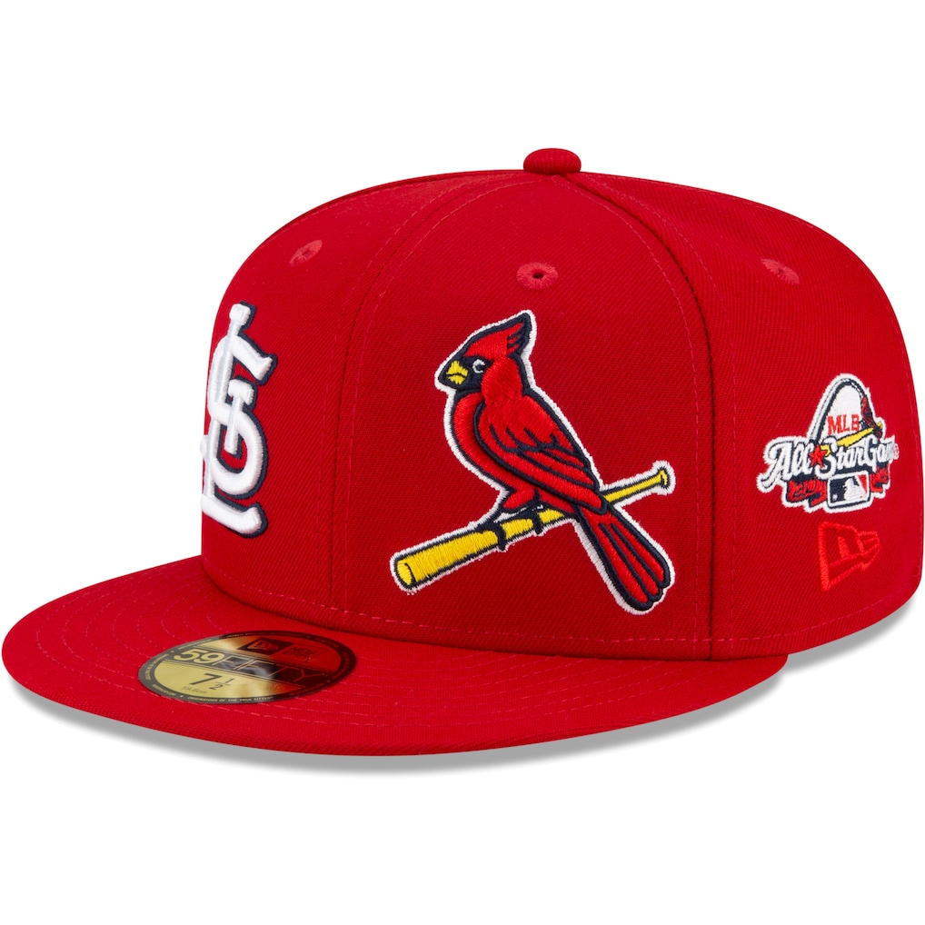 Angled front view of the red New Era St. Louis Cardinals Patch Pride 59FIFTY Fitted Hat showing the front logos and 2009 All-Star Game side patch.