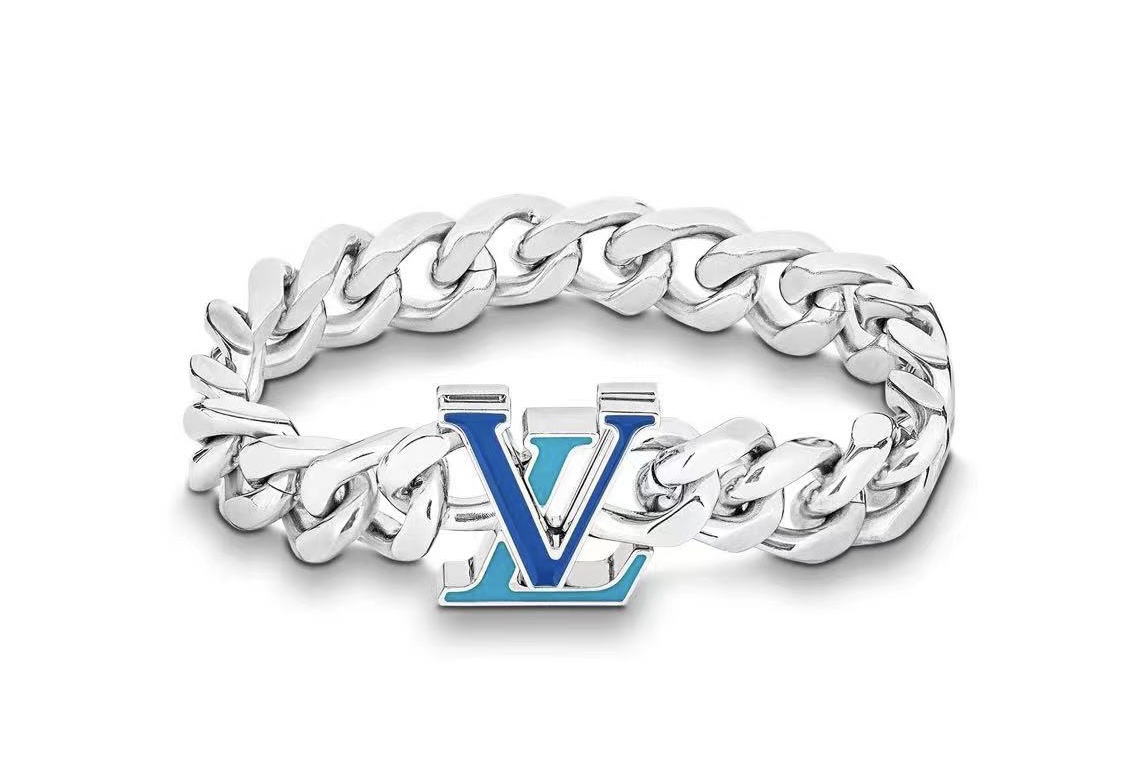 Louis Vuitton Silver Chunky Cuban Chain Blue LV Men's Bracelet - Original Replica Club
