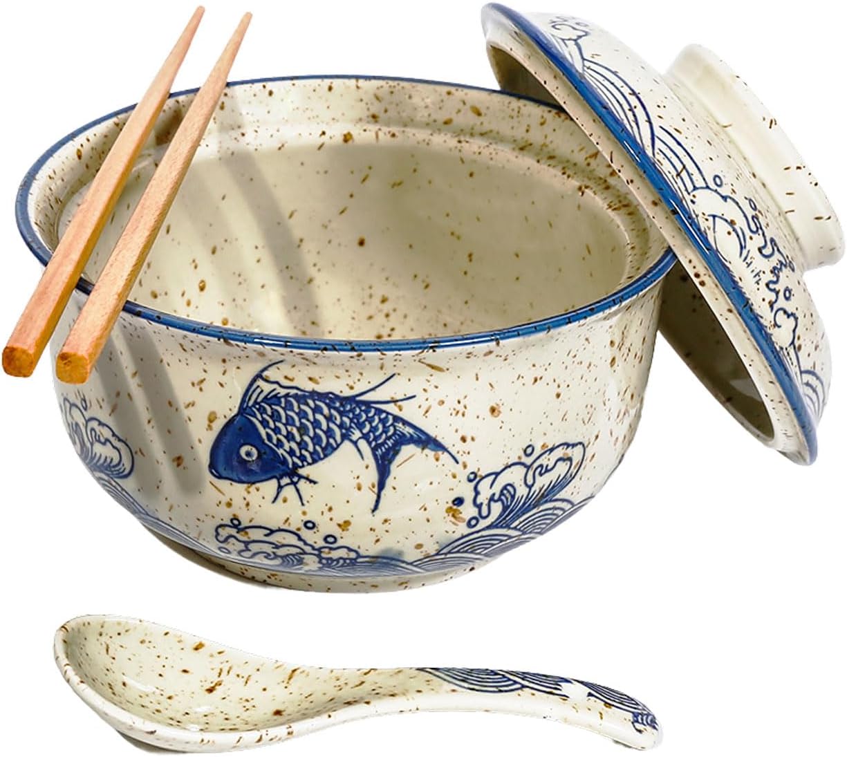 Ceramic Ramen Bowl Set, 800ml, with Lid, Spoon and Chopsticks, Japanese Vintage Large Soup Bowls Instant Noodle Bowl Asian Tableware (Fish*1)