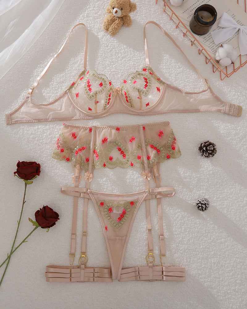 Floral Embroidery Underwire Bra & Garter Set