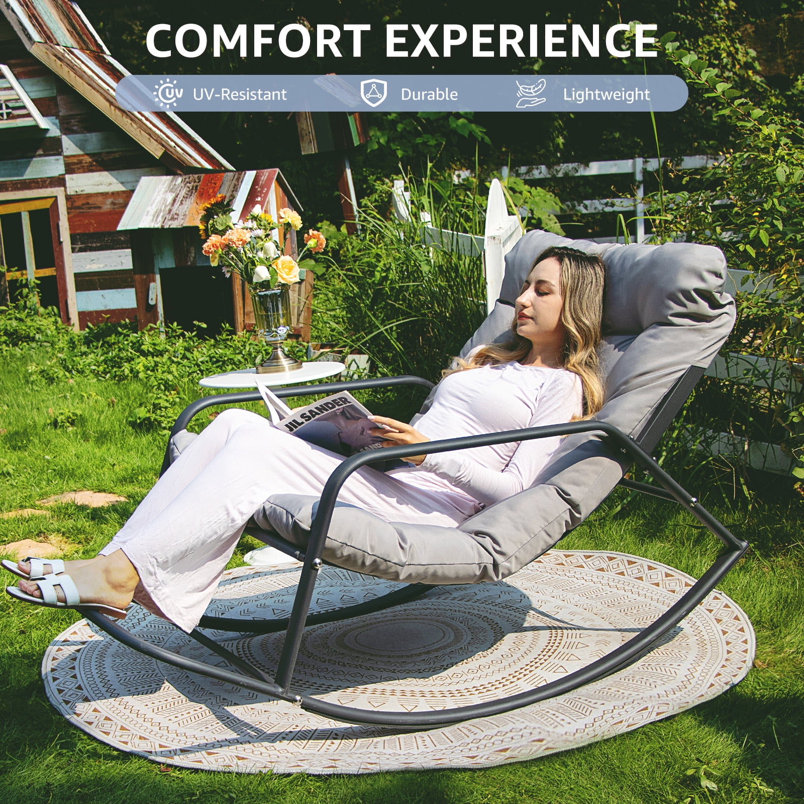 RADIATA Oversized Rocking Chair with Footrest, RADIATA Patio Papasan Rocking Recliner for Indoor Outdoor Use, Heavy Duty Wicker Lounge Chair, 450lbs, Beige - Image 13