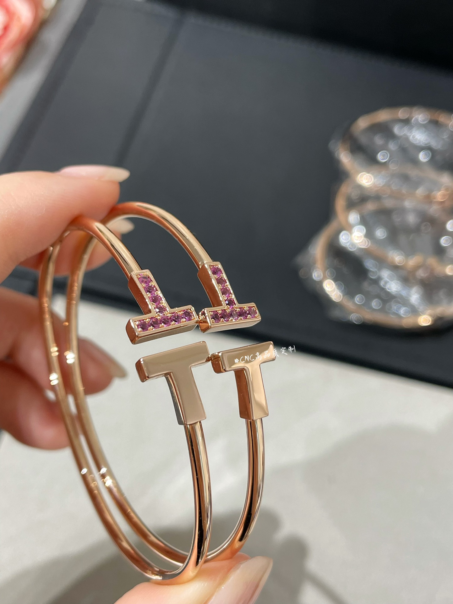 Tiffany Paved Pink Diamond Double T Bangle Bracelet - Original Replica Club