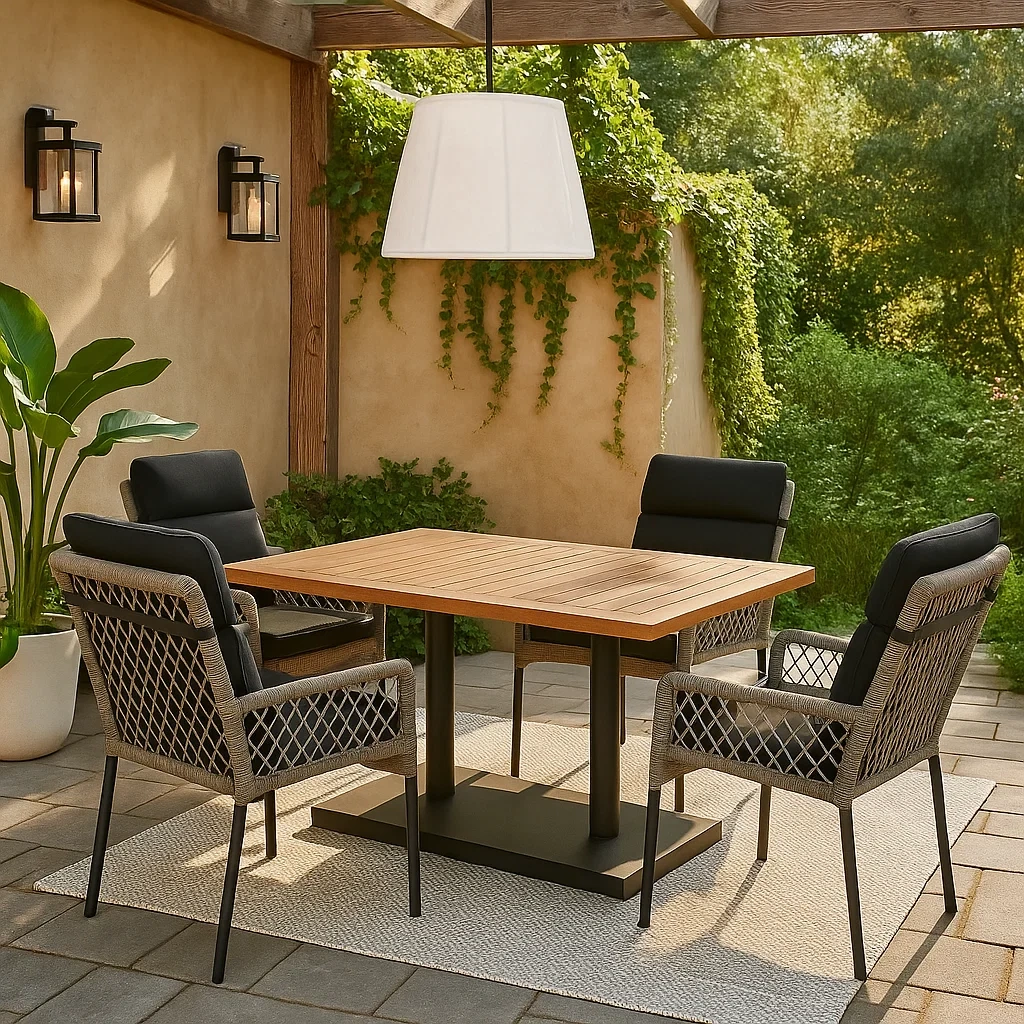 Conjunto de comedor de jardín para 4 personas, Estructura metálica y madera, 4 sillas con cojín, 1 mesa rectangular, Beige y negro - rNlyDmn202pL