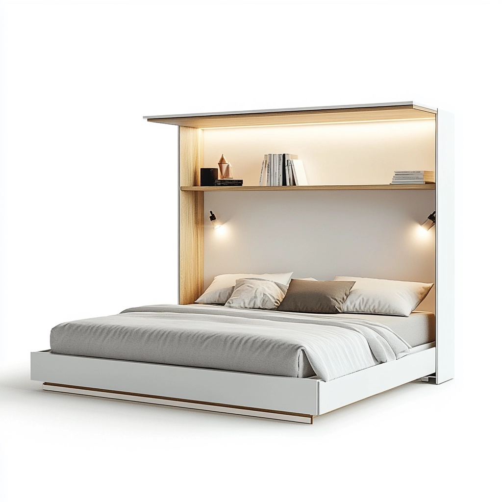 Cama abatible con estantería integrada madera blanca diseño moderno espacio ahorro