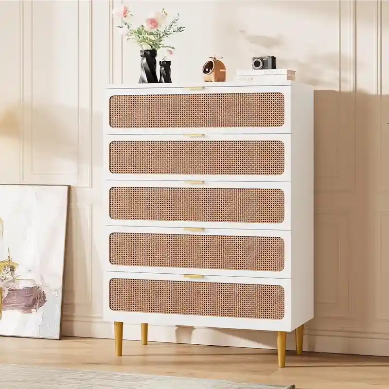 Rattan 5-Drawer Dresser for Bedroom and Hallway