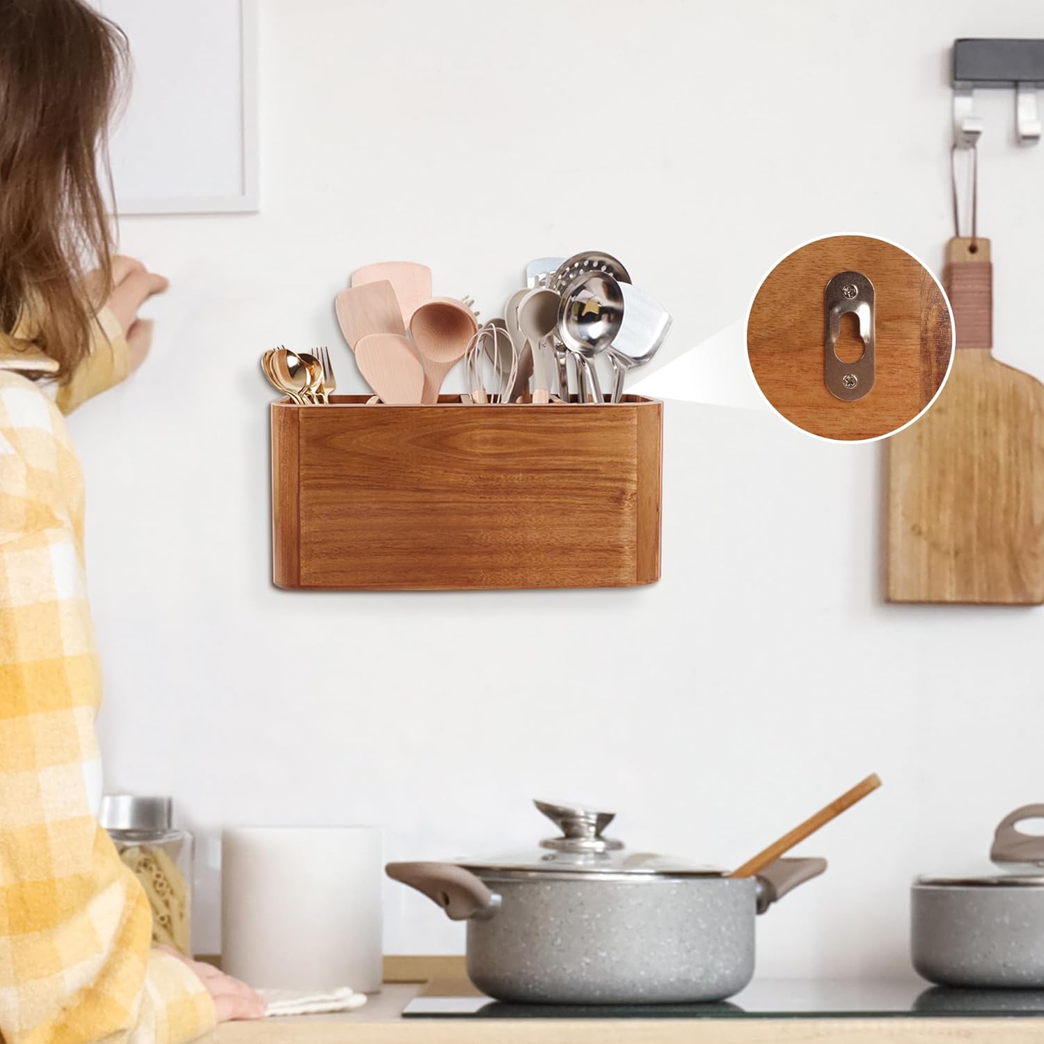 Wooden Utensil Holder for Kitchen Counter, Large Utensil Organizer for Storage Cooking & Silverware with 4 Compartment, Acacia Rustic Wood with Diatomaceous Earth Base Matte