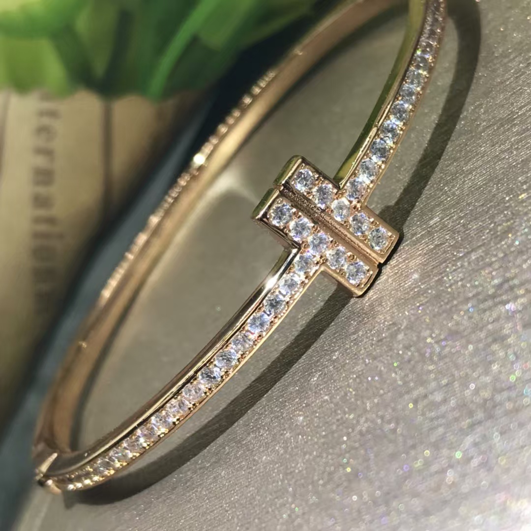 Tiffany Full Diamond Paved Double T Bangle Bracelet - Original Replica Club