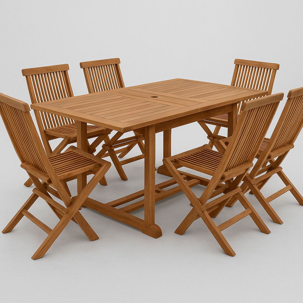 Conjunto de comedor exterior+Mesa extensible y 6 sillas+Marrón+Madera maciza de teca+Jardín/Terraza