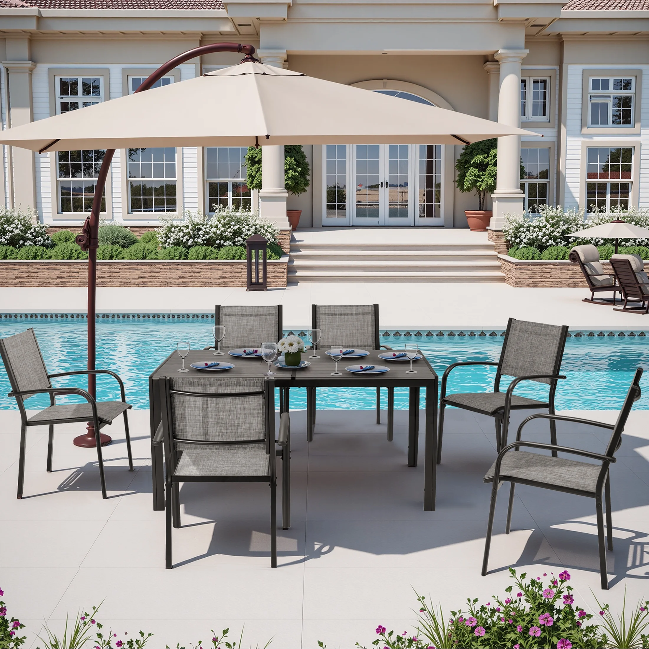7 Piece Outdoor Dining Set, Patio Dining Table Set for 6 Persons, Garden Patio Textilene Dining Furniture Set with Plastic-Wood Tabletop, Dining Table Chairs Conversation Set for Deck Patio - Image 27