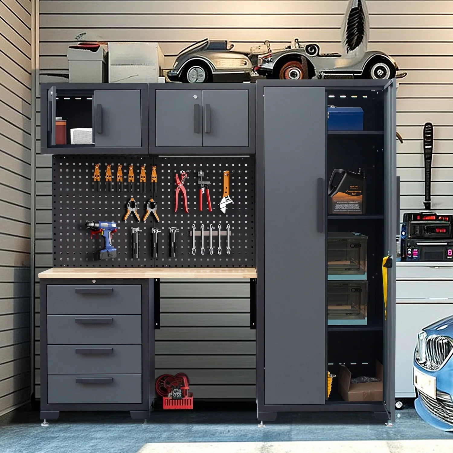 HPDMC 7-Piece Metal Garage Cabinet System With 4-Drawer Roller Cabinet, 47.2 in Workbench And Pegboards - Image 2 HPDMC 7-Piece Metal Garage Cabinet System With 4-Drawer Roller Cabinet, 47.2 in Workbench And Pegboards - Image 2
