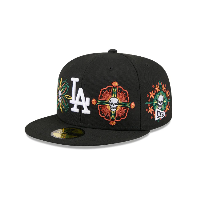 Three-quarter left view of the New Era Los Angeles Dodgers Lifestyle Energy Black 59FIFTY Fitted Hat highlighting the LA logo and floral skull embroidery.