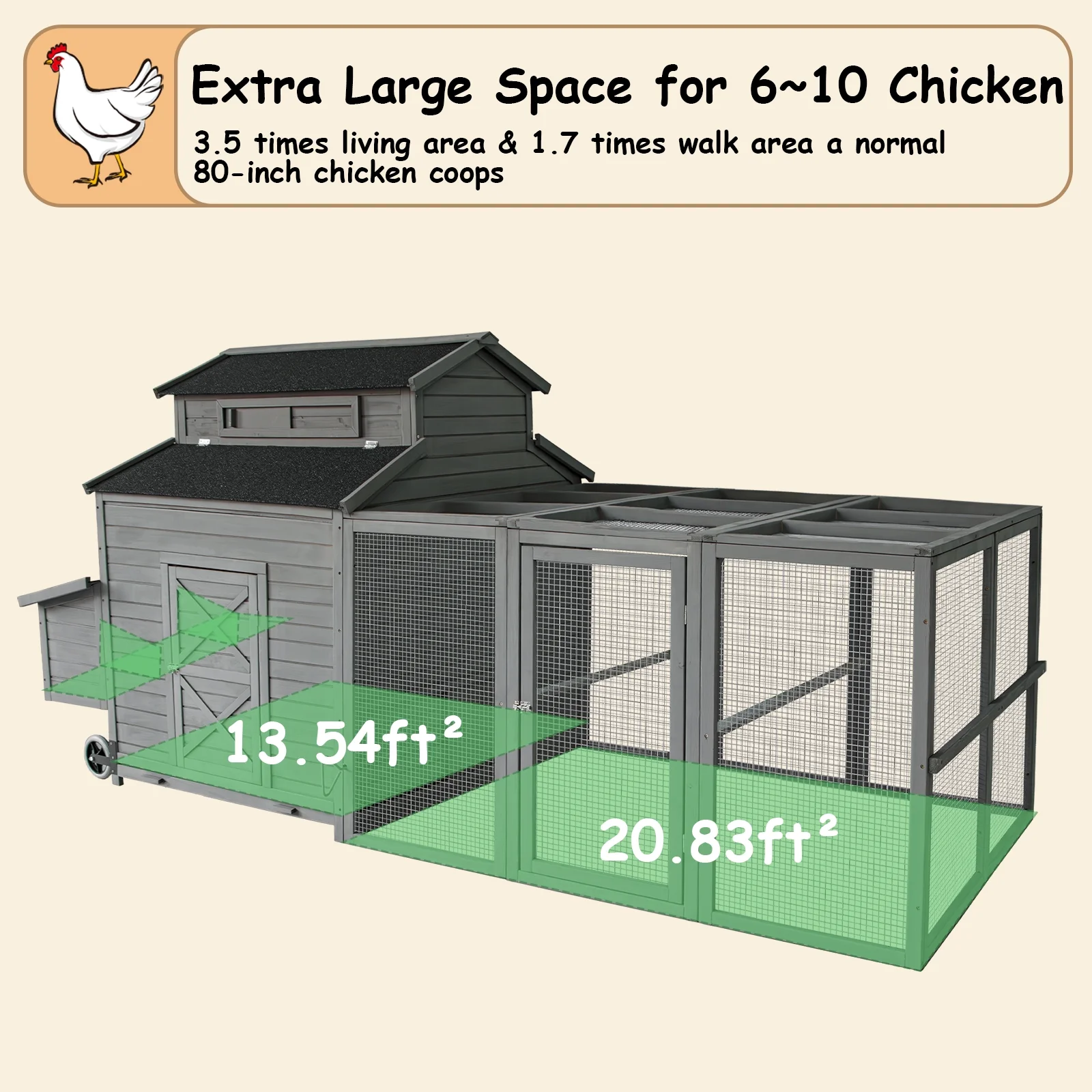 Chicken Coop for 6-10 Chickens, 112" Extal Large Chicken Coops, with Chicken Run & Nesting Box & Secure Enclosure, Outdoor Wooden Hen House Hutch for Rabbit, Poultry Pet, Duck - Image 4
