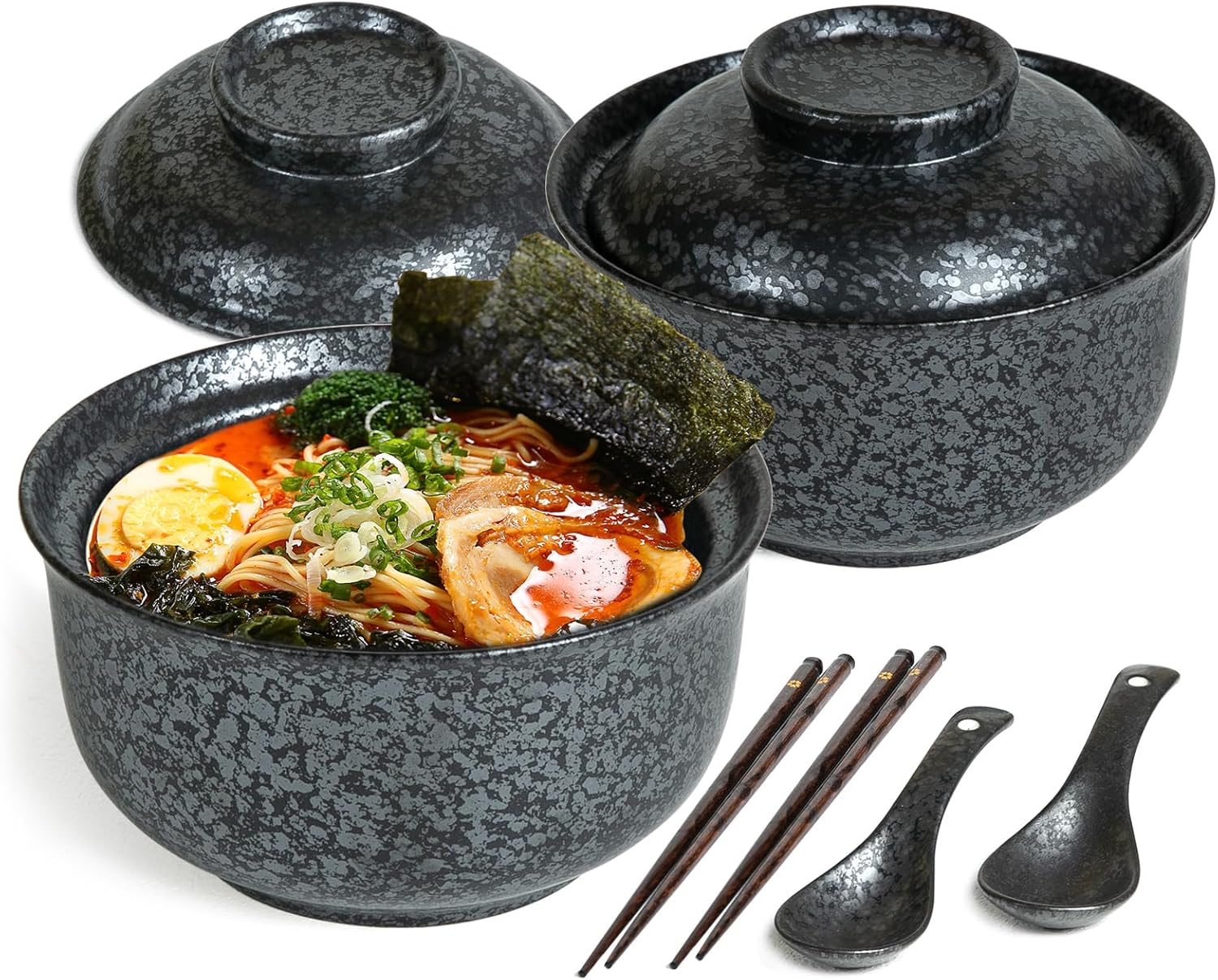 Ceramic Ramen Bowl Set of 2, Ramen Noodle Bowl with Lid 27oz Japanese Retro Style Soup, Pho, Udon Bowls, Matching Spoons and Chopsticks for Microwave & Dishwasher Safe, Black