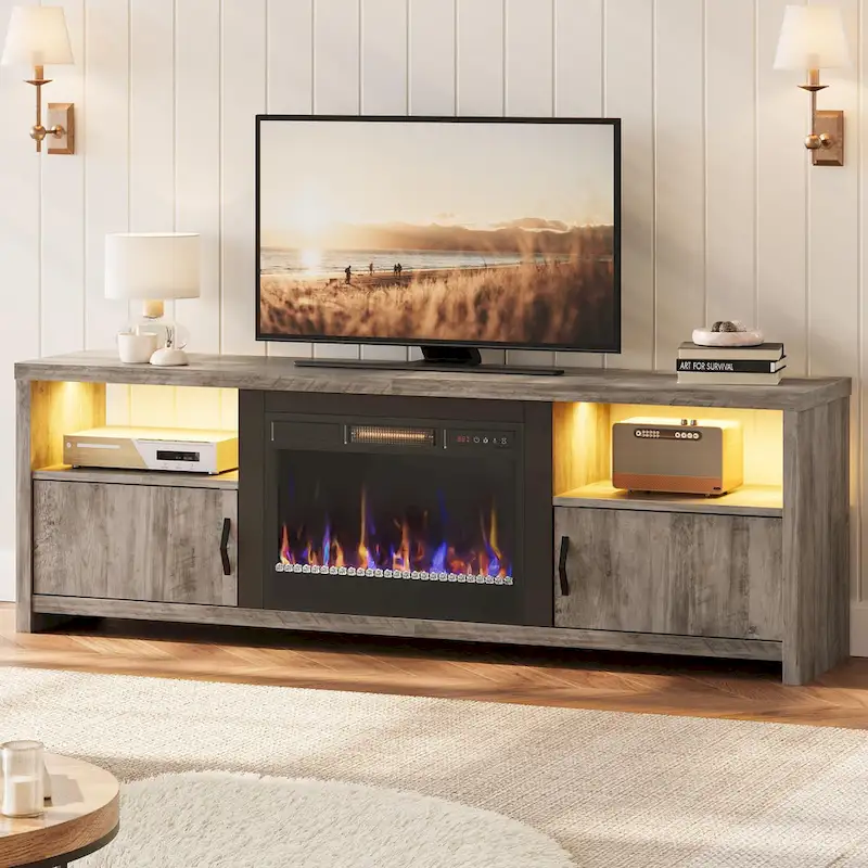 71-Inch TV Stand for 75-Inch TVs with LED Fireplace and Storage Cabinet