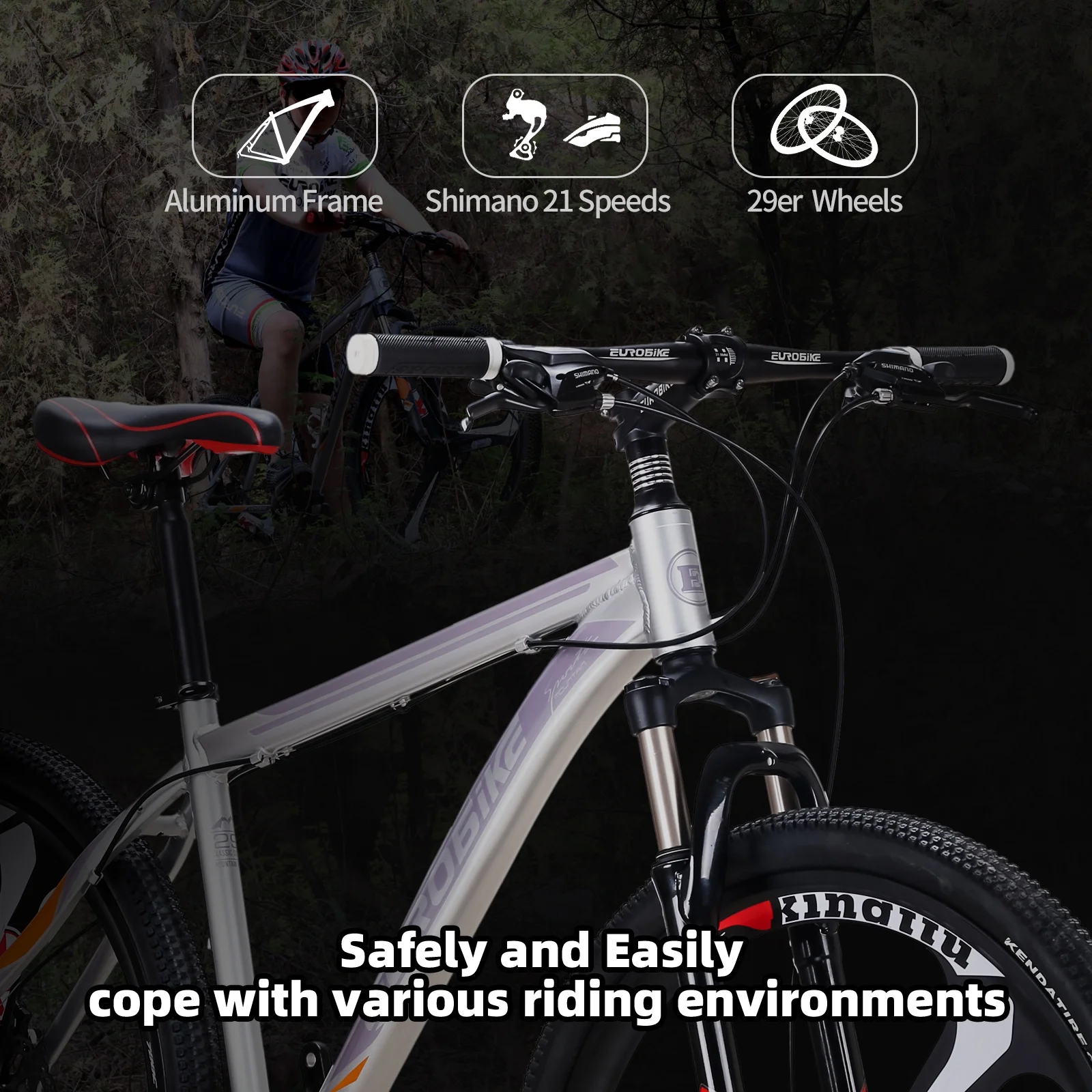 Mens Mountain Bike, Eurobike X9 Mountain Bike 29 inch, 19 inch Aluminum Frame, Bikes for Men 29er, Mens Bicycle 3-Spoke Silver - Image 8