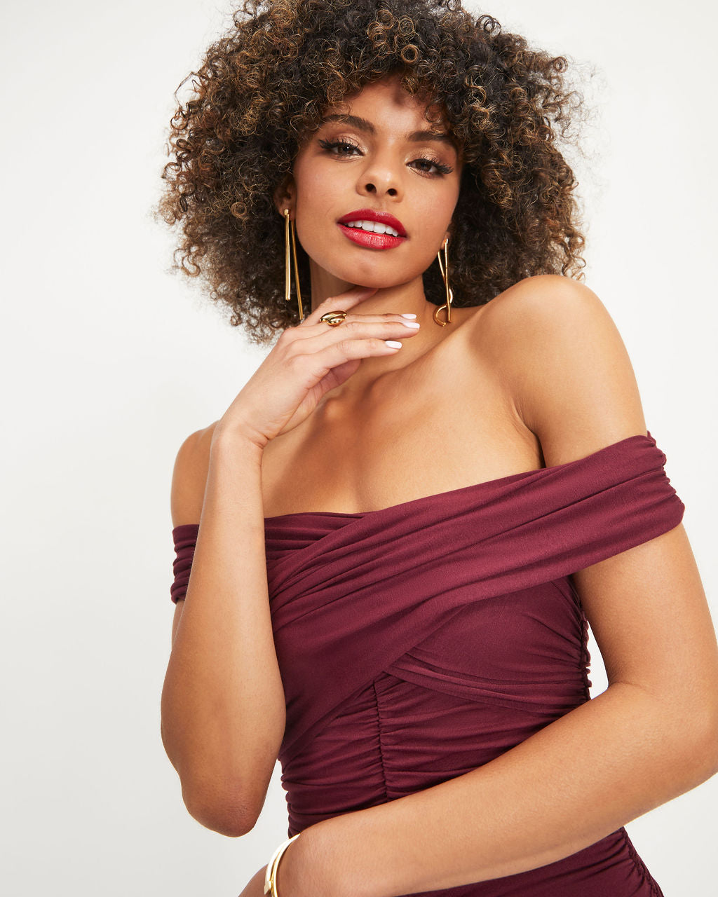 Wilhelmina Off The Shoulder Ruched Midi Dress - Wine - Se7enfashion
