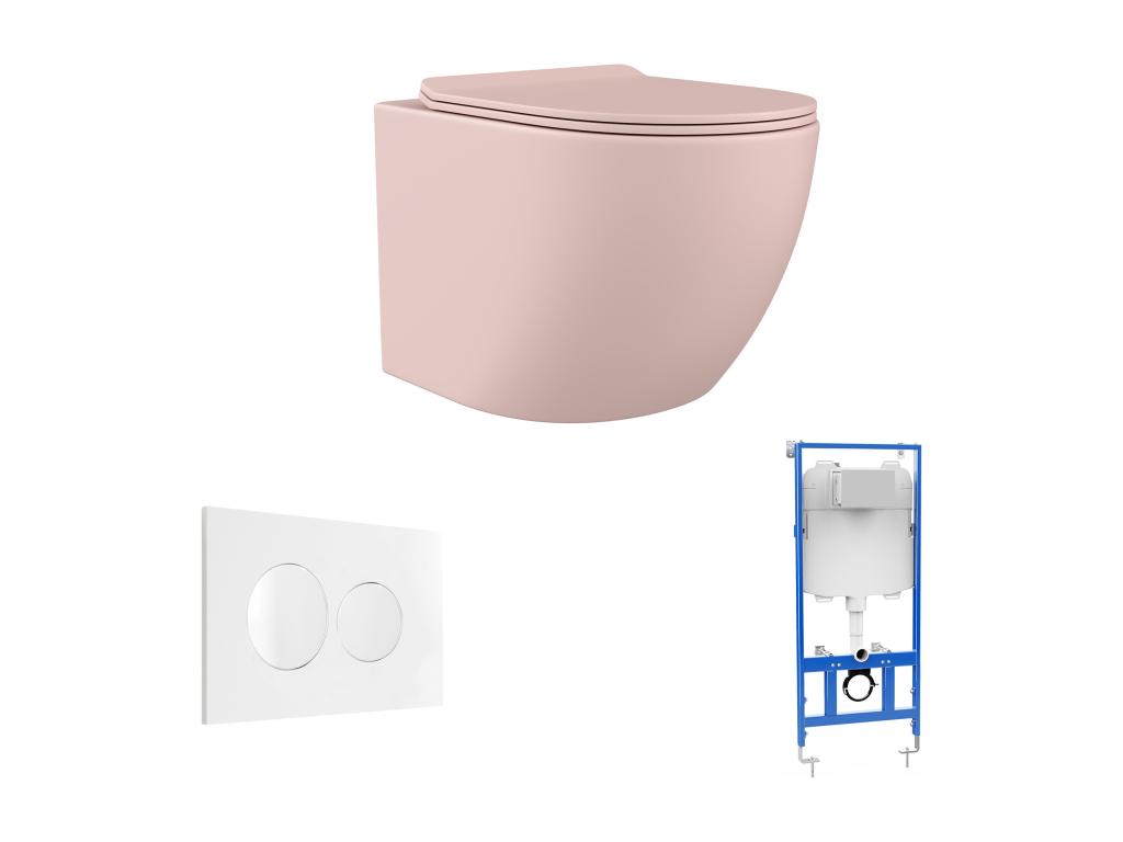 Inodoro flotante mate rosa con estructura de soporte y placa de activación - JAVOINE