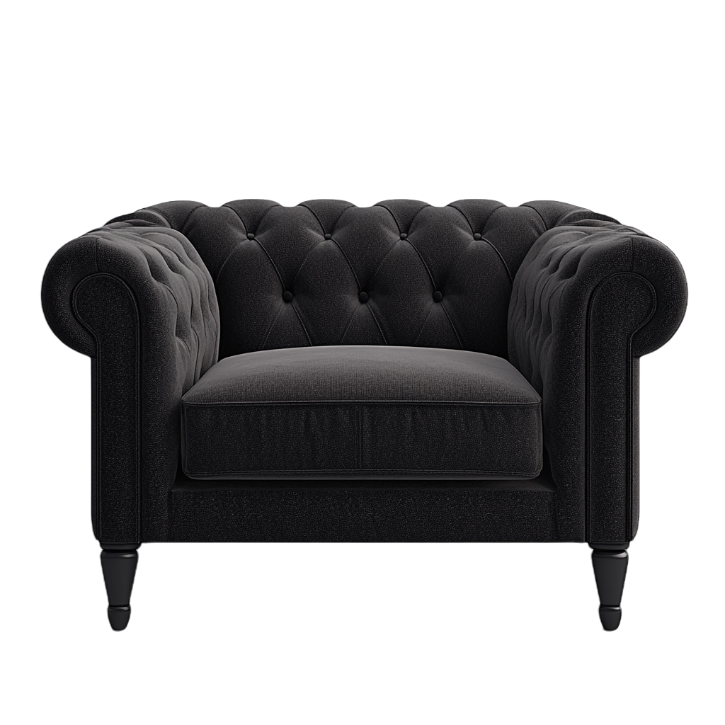 Butaca Chesterfield de terciopelo negro 1,1x0,9 m con respaldo capitoné