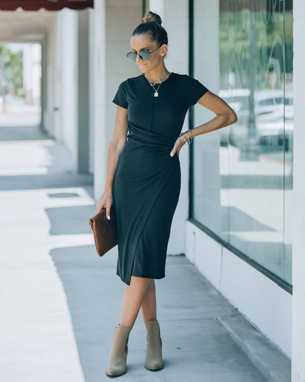 Rachel Side Ruched Midi Dress - Black - FINAL SALE - Se7enfashion