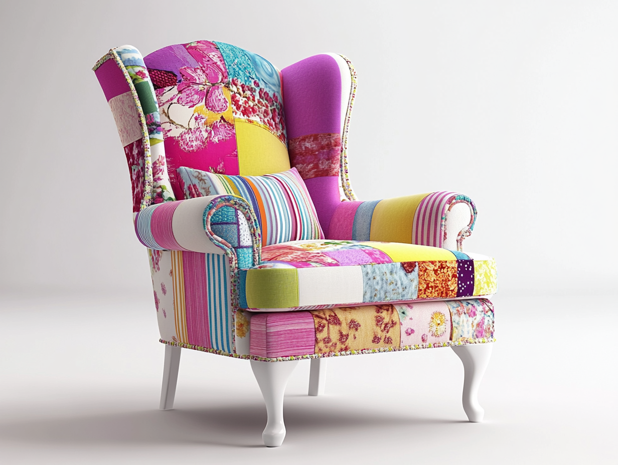 Sillón orejero tapizado 80×90×105 cm – fucsia/amarillo/verde/azul/turquesa/blanco – con diseño patchwork y patas curvas blancas