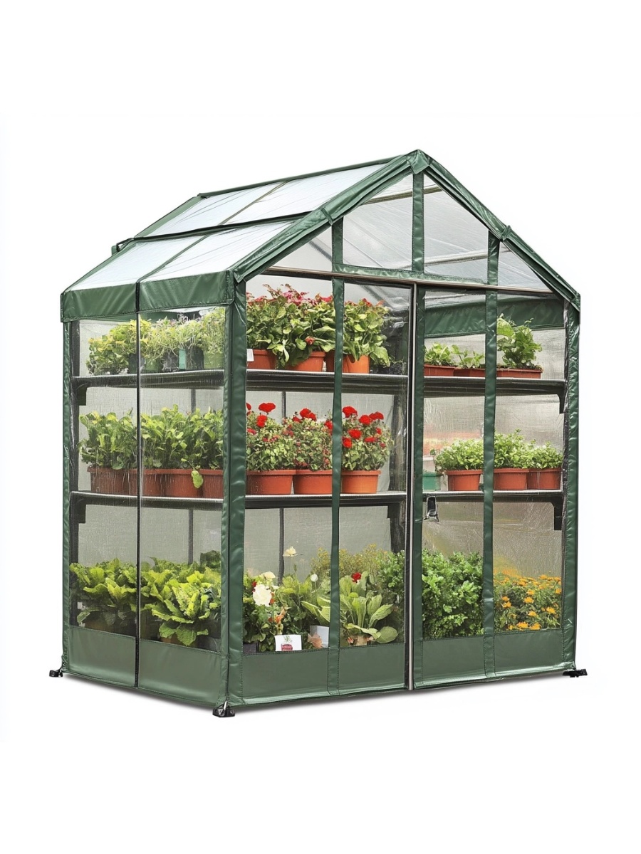 Invernadero jardín compacto verde PE con estantes cultivo 143x215x195 cm